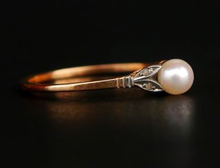 Antique Art Deco Ring solid 18K Gold Pearl Diamonds ØUS 7.  25 / 1.  3g 4