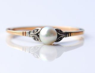 Antique Art Deco Ring solid 18K Gold Pearl Diamonds ØUS 7.  25 / 1.  3g 7