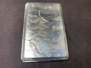 Japanese Sterling 950 Silver Card Cigarette Case Temple & Mt Fuji 5x3.  25” 139gms