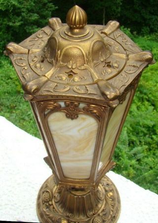 Victorian Bradley & Hubbard 6 - Panel Slag Glass Cast Spelter Newel Post Lamp 3