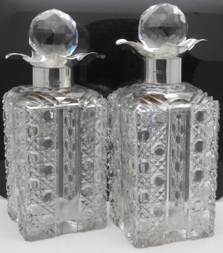 2x Sterling Silver Hobnail Cut Glass Decanters - London 1897 - Antique