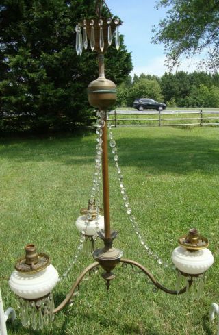 Antique 3 Arm Oil Lamp Chandelier With Lamps And Crystals