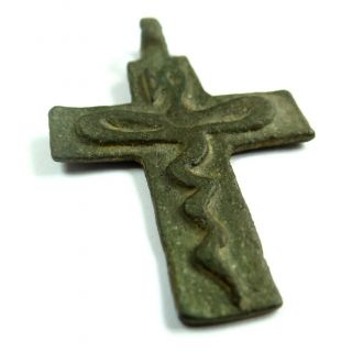 Ancient Artifact Roman Bronze Medical Cross With Snake