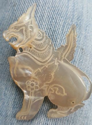 Lovely Antique Chinese Lion Foo Dog Carved Mother of Pearl Pin / Brooch 3