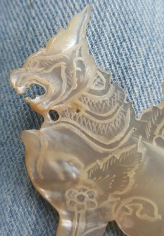 Lovely Antique Chinese Lion Foo Dog Carved Mother of Pearl Pin / Brooch 4