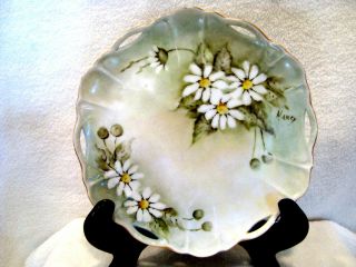 Hand Painted Two Handled White & Floral Cabinet Plate Signed Nancy.