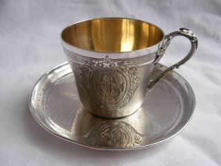 Antique French Sterling Silver Coffee Cup & Saucer,  Louis 15 Style,  Middle 19th.