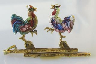 Antique French 18ct Yellow Gold Enamelled Fighting Roosters Charm (moving)