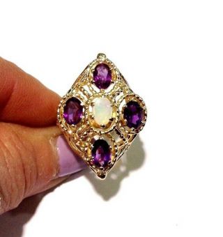 Estate Vintage 14k Yellow Gold Amethyst & Opal Ring Size 9