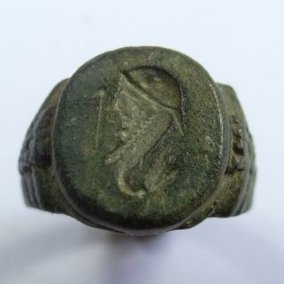 Greek Ancient Artifact Bronze Ring With Mythological Creature Fish