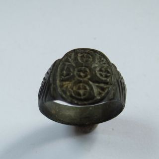 Medieval Ancient Artifact Bronze Ring With Crosses