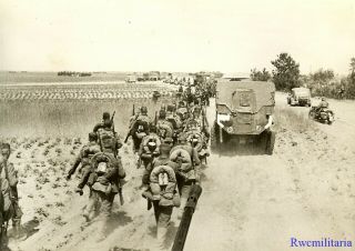 Press Photo: Move Ost Wehrmacht Infantry On Road By Vehicle Traffic; Russia