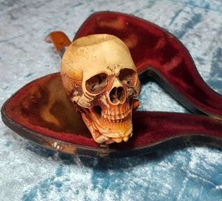 Antique 19thc.  Carved Skull Meerschaum Pipe,  Gothic,  Momento Mori In Case