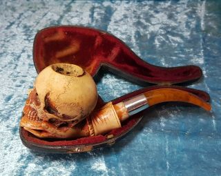 Antique 19thc.  Carved Skull Meerschaum Pipe,  Gothic,  Momento Mori in Case 4
