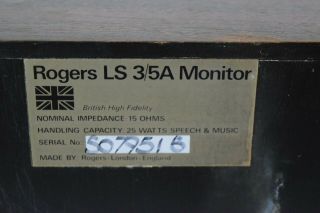 Rare Rogers LS 3/5A Monitors 15 OHMS 25 Watts Speech & Music England 8