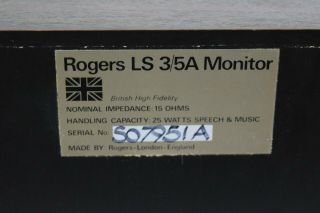 Rare Rogers LS 3/5A Monitors 15 OHMS 25 Watts Speech & Music England 9