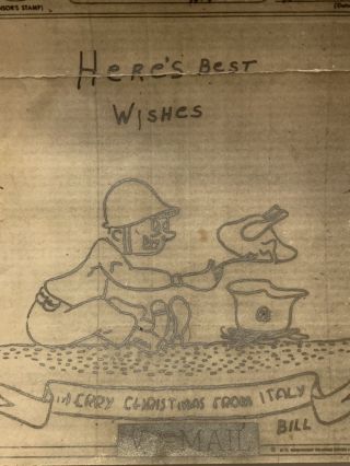 Wwii V - Mail Christmas Christmas Card 1943 Soldier Cooking Using German Helmet