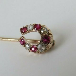 Rare Antique Victorian 9ct Rose Gold Diamond & Ruby Horseshoe Stick Pin /tie