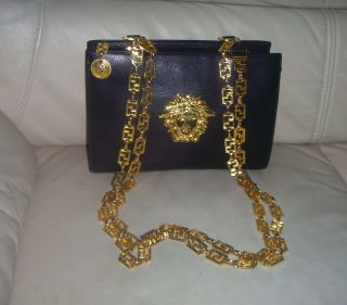 Rare Vintage Gianni Versace Black Leather Gold Medusa Chain Shoulder Bag - Italy