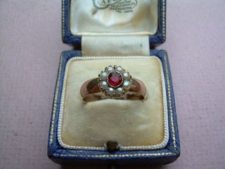 Antique Victorian 9ct Rose Gold Wide Band Set With Natural Ruby & Pearls Size Q.