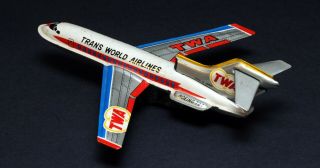 Rare Vintage Friction Japan Tin Toy Of Early 70s Airplane Boeing 727 Twa