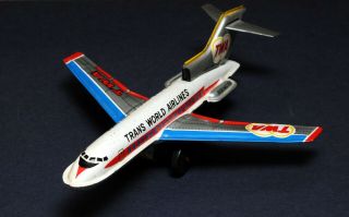 Rare vintage friction Japan tin toy of early 70s Airplane Boeing 727 TWA 2