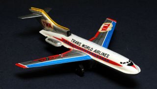 Rare vintage friction Japan tin toy of early 70s Airplane Boeing 727 TWA 3