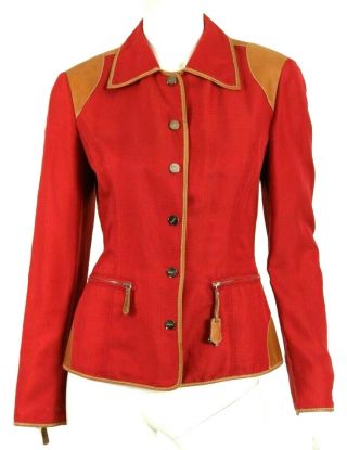 Salvatore Ferragamo Vintage Fire Red Cotton Tan Leather Trim Jacket 44
