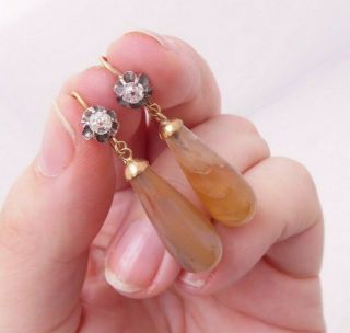 18ct Gold Agate Old Cut Diamond Drop Earrings,  18k 750