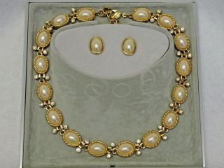 Vintage Christian Dior Gold Tone Faux Pearl / Rhinestone Necklace And Earrings