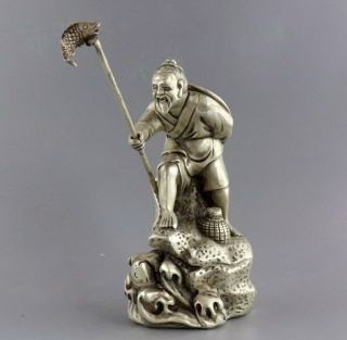 Collect Antique Tibet Silver Hand Carve Old Man Fishing Vivid Interesting Statue