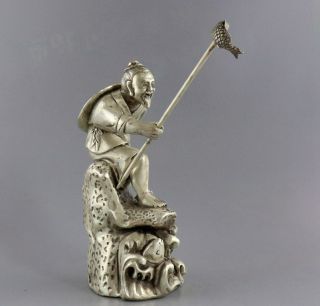 Collect Antique Tibet Silver Hand Carve Old Man Fishing Vivid Interesting Statue 2