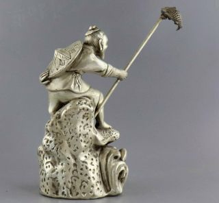 Collect Antique Tibet Silver Hand Carve Old Man Fishing Vivid Interesting Statue 3