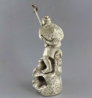 Collect Antique Tibet Silver Hand Carve Old Man Fishing Vivid Interesting Statue 4