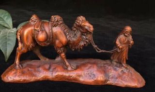 Collectable Old Souvenir Boxwood Hand Carve Man Tow Camel Through Desert Statue