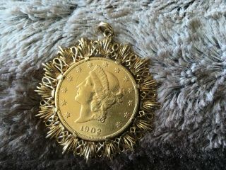 Gold 1902 Eagle Liberty Head Gold Coin Pendant,  Vintage Bezel