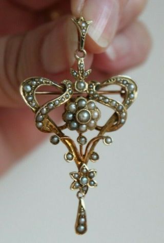 Edwardian Art Nouveau 9ct Gold And Seed Pearl Pendant,  Brooch.