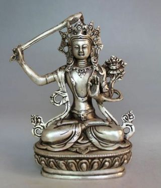 Rare Tibet Buddhism Tibet Silver Manjushri Bodhisattva Buddha Statue