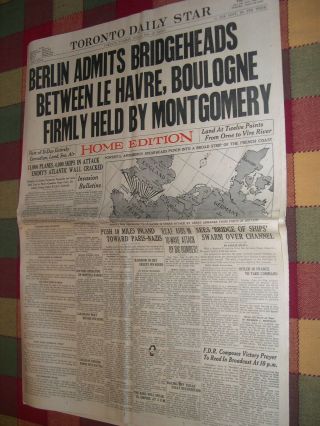 D - Day Newspaper Toronto Daily Star June 6,  1944 Home Edition Dieppe