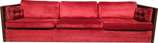 Vintage Mid Century Ruby Red Velvet Cane Sofa