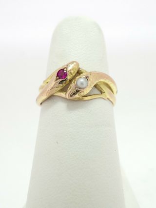 Vintage Victorian Style 14k Snake Ring With Ruby And Pearl 5 1/4