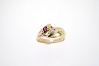 Vintage Victorian Style 14k Snake Ring with Ruby and Pearl 5 1/4 2