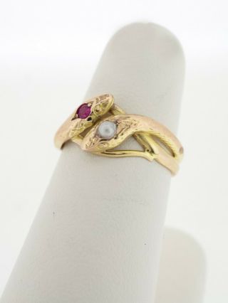 Vintage Victorian Style 14k Snake Ring with Ruby and Pearl 5 1/4 3