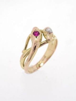 Vintage Victorian Style 14k Snake Ring with Ruby and Pearl 5 1/4 4