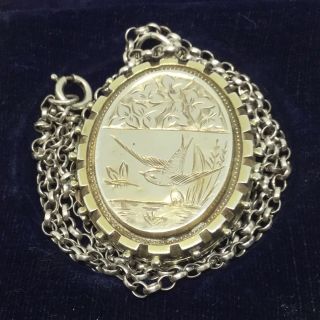 Antique Victorian Aesthetic Sterling Silver Engraved Bird And Fern Leaves Locket