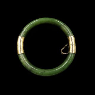 Antique Jade Jadeite Green 9ct Rolled Gold Round Hinged Bangle Bracelet C.  1920