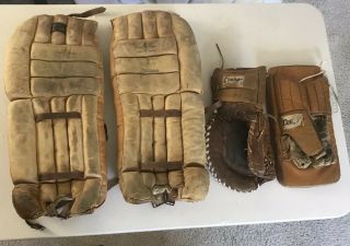 Vintage Cooper Leather Horsehide Hockey Goalie Leg Pads & Gloves Blocker