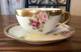 Vintage Thomas Sevres Bavaria Hand Painted Roses Cup & Saucer With Gold Trim