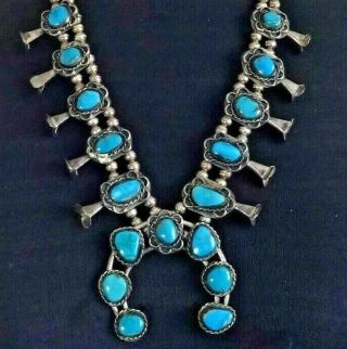 Vintage Navajo Sterling Silver Easter Blue Turquoise Squash Blossom Necklace
