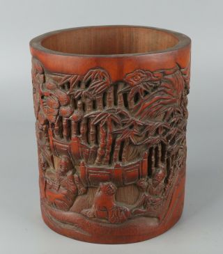 Chinese Exquisite Handmade Landscape Figure Carving Bamboo Brush Pot